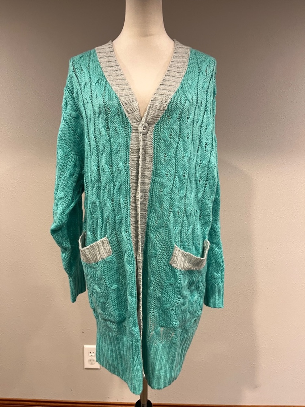 LuLaRoe oversized Teal Cable-Knit Cardigan with Gray Trim size‎ medium